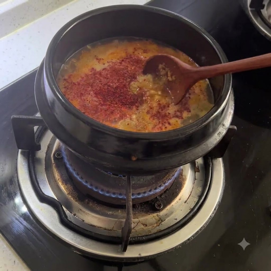 Una cuchara de madera revolviendo el condimento en polvo dentro de un caldo rojizo burbujeante.