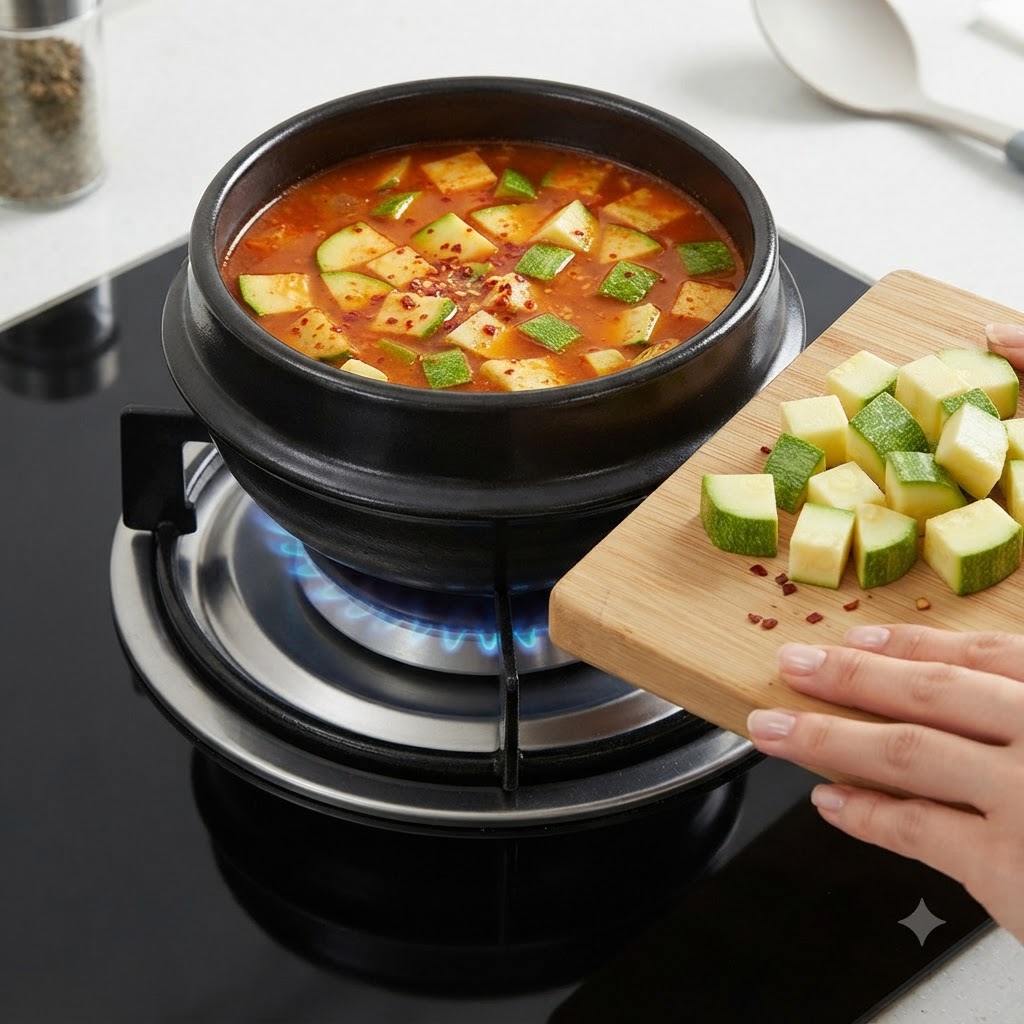 La mano de una persona deslizando cubos de calabacín verde desde una tabla de picar hacia una olla de sopa.