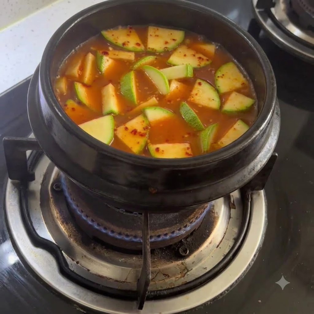 Trozos de cebolla picada cociéndose a fuego lento dentro de una olla de caldo especiado.
