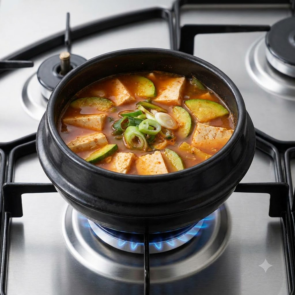 Primer plano de una olla con sopa que contiene calabacín en rodajas, tofu y un montón central de cebollas verdes y chiles picados.
