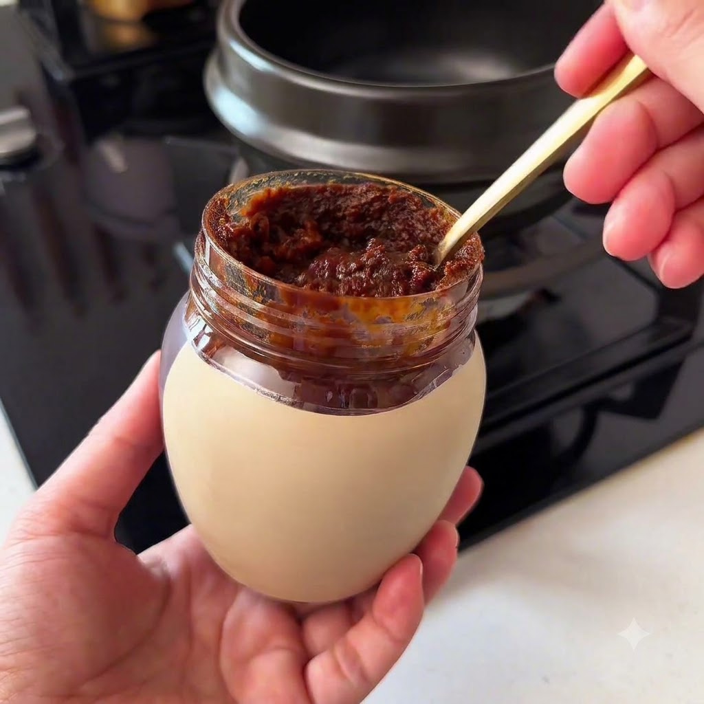 Una cucharada de pasta de soja fermentada sobre una olla de barro negra vacía.