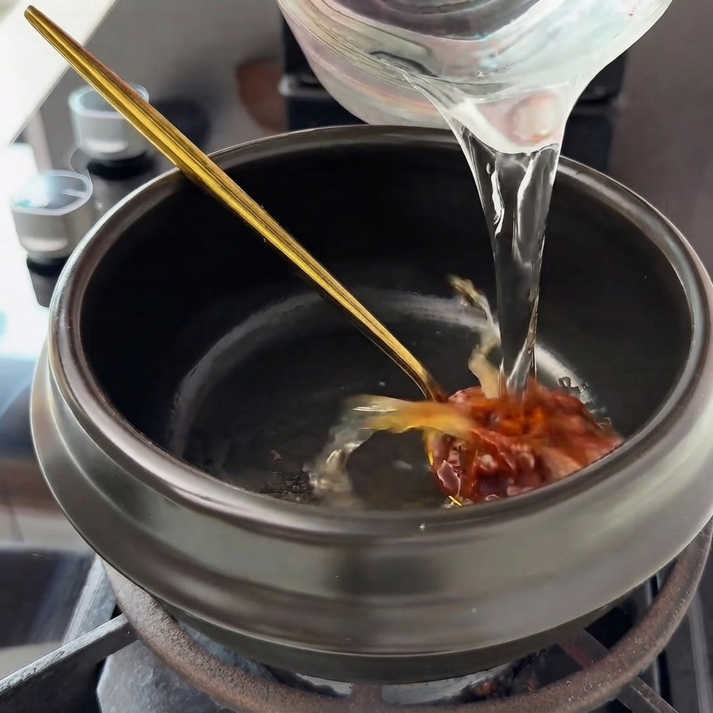 Agua limpia vertida desde una jarra medidora de vidrio en una olla con pasta de soja.