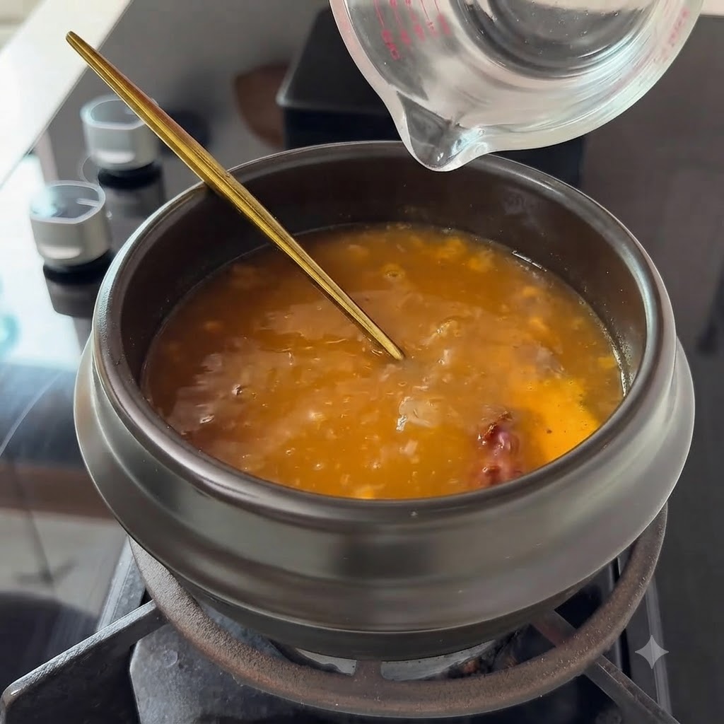 Un par de palillos dorados revolviendo y mezclando la pasta de soja en agua dentro de un recipiente de cerámica.