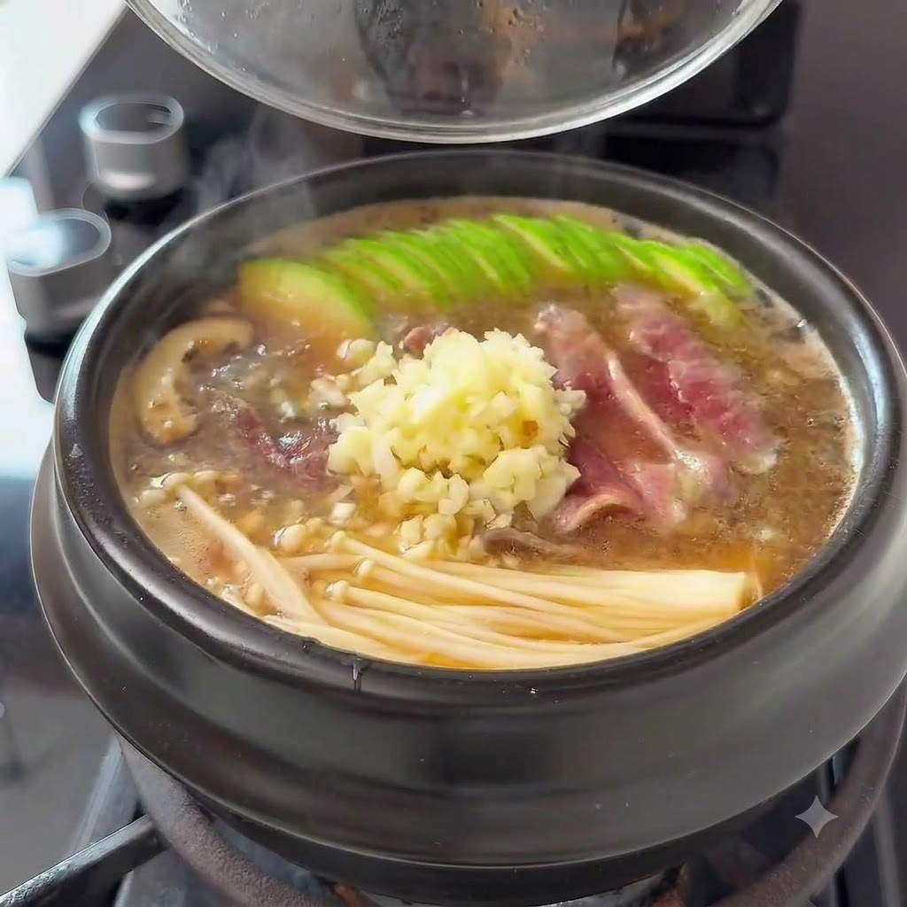 Ajo picado, chile en polvo y condimento de ternera añadidos a la olla burbujeante.