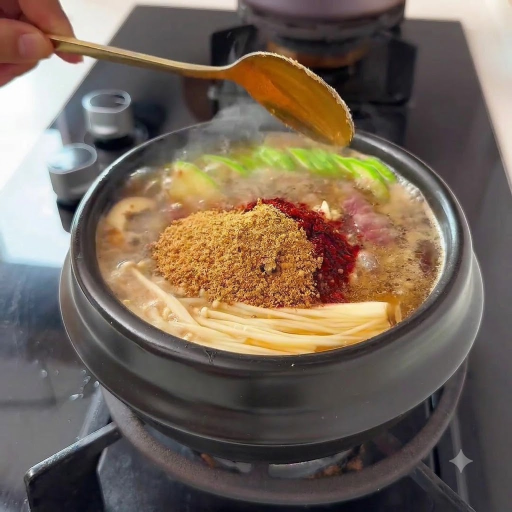 Rodajas de chiles verdes y rojos esparcidas sobre el estofado a fuego lento.