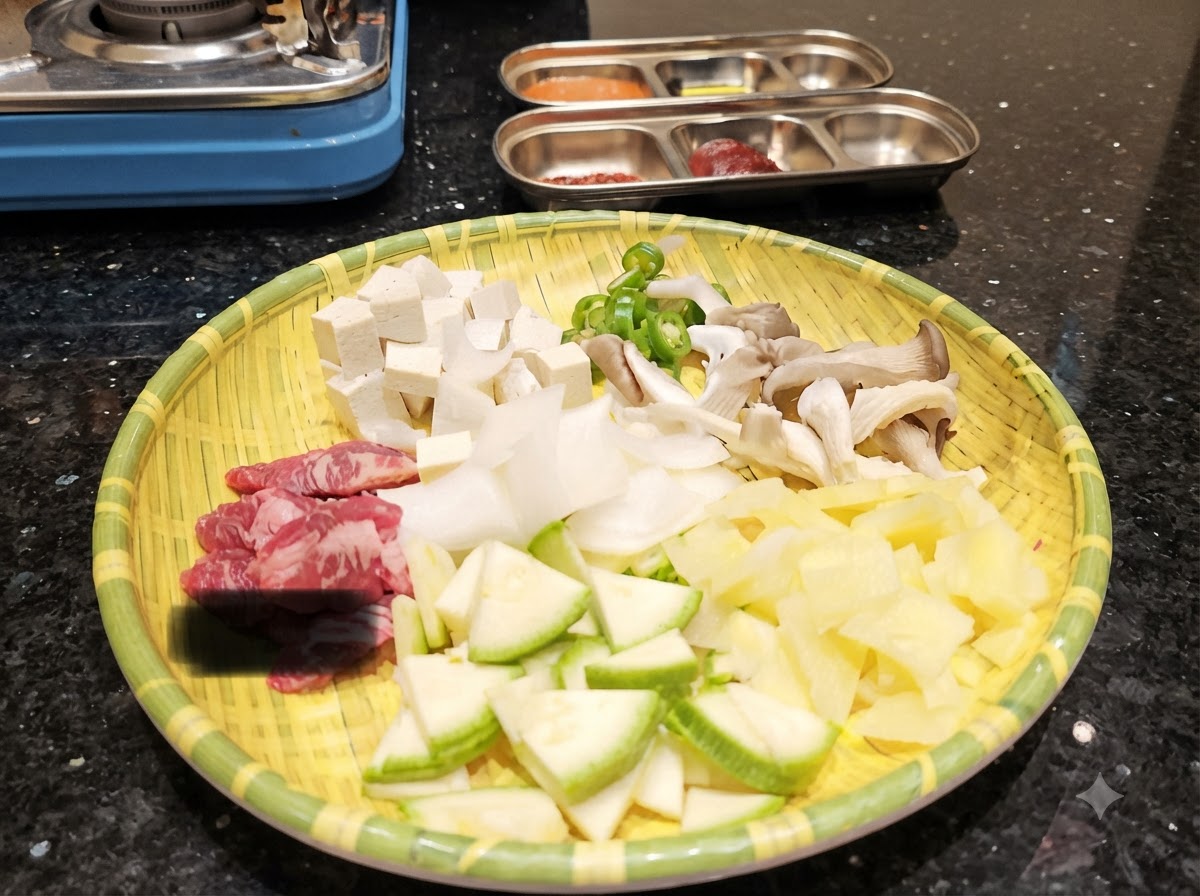 Una bandeja redonda de mimbre llena de ingredientes preparados: cubos de tofu, calabacín en rodajas, champiñones, patatas, pimientos verdes y trozos de ternera cruda.