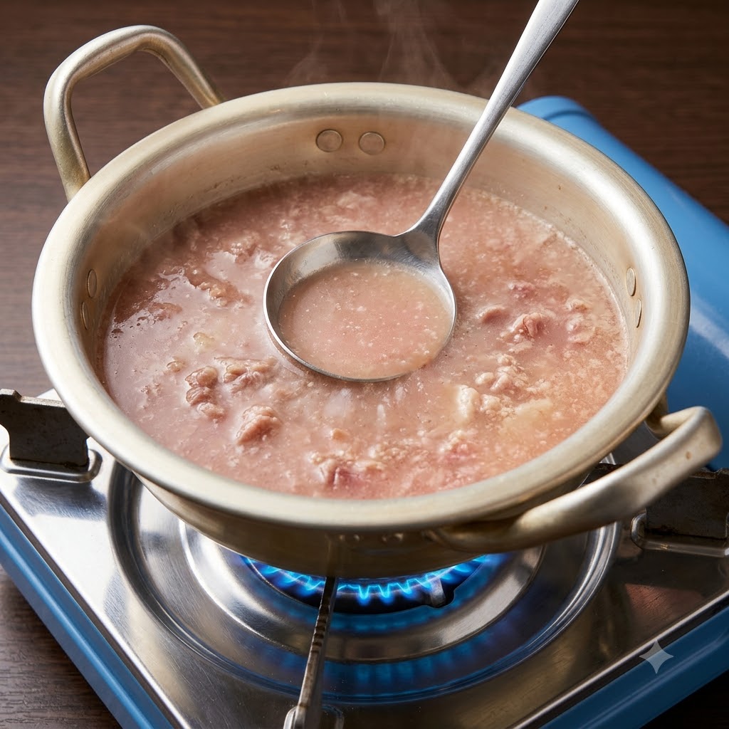 Un cucharón revolviendo pasta de soja y pasta de chile en un caldo hirviendo con ternera cocida dentro de una olla de metal.