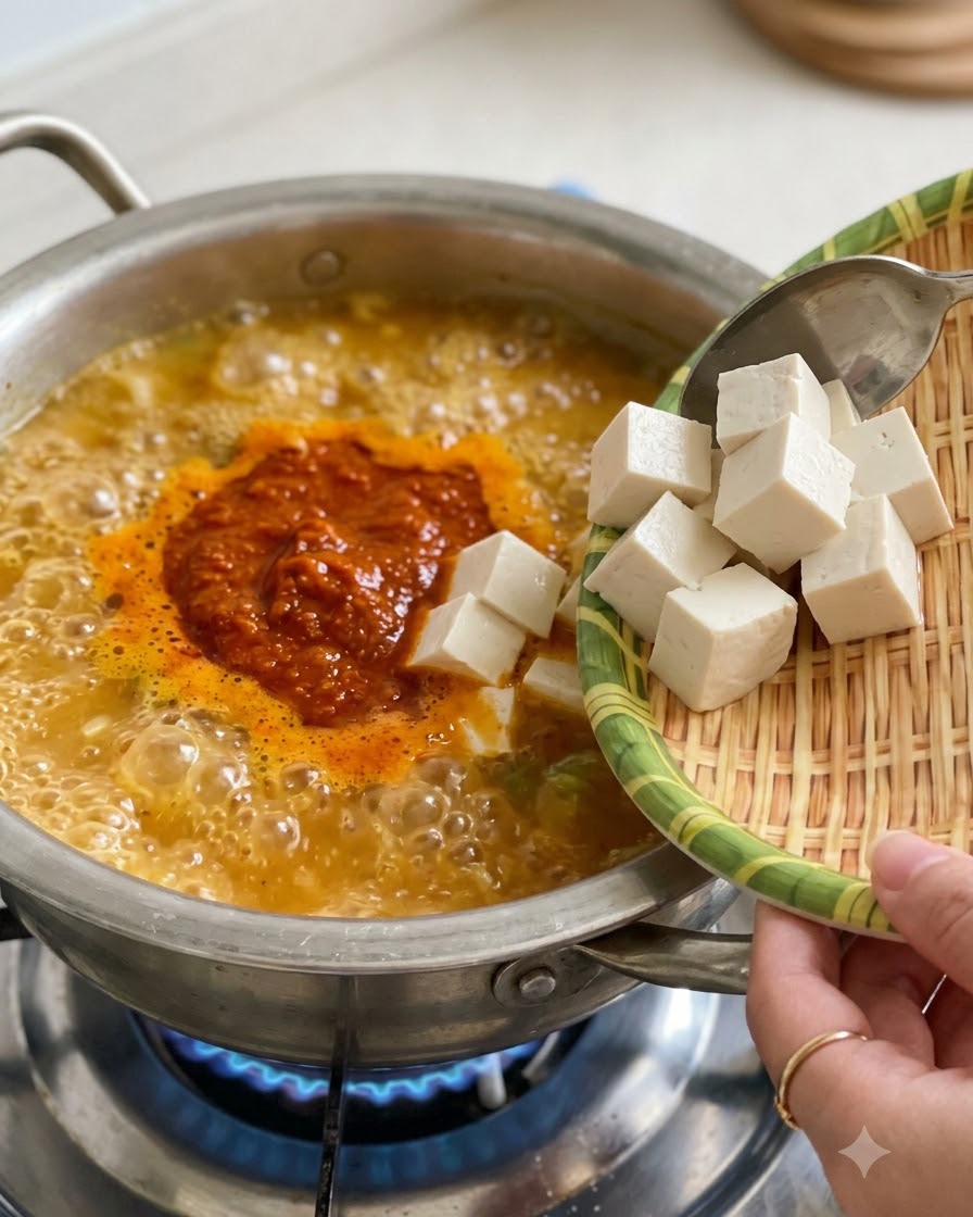 Tofu blanco en cubos deslizándose desde una pequeña bandeja de mimbre hacia una olla con estofado de soja coreano hirviendo vigorosamente.