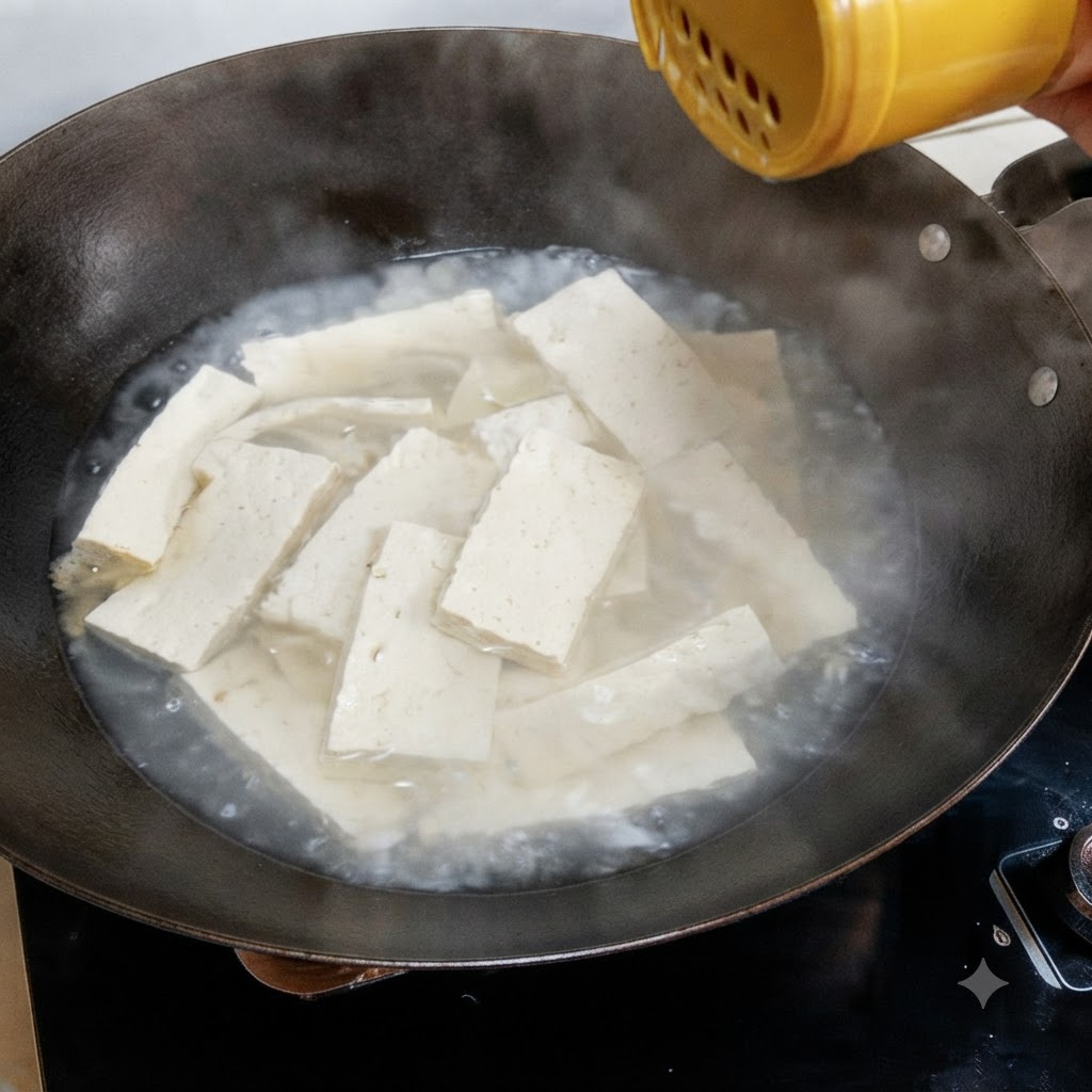 Condimento siendo espolvoreado desde un frasco amarillo en un wok lleno de tiras de tofu hirviendo.