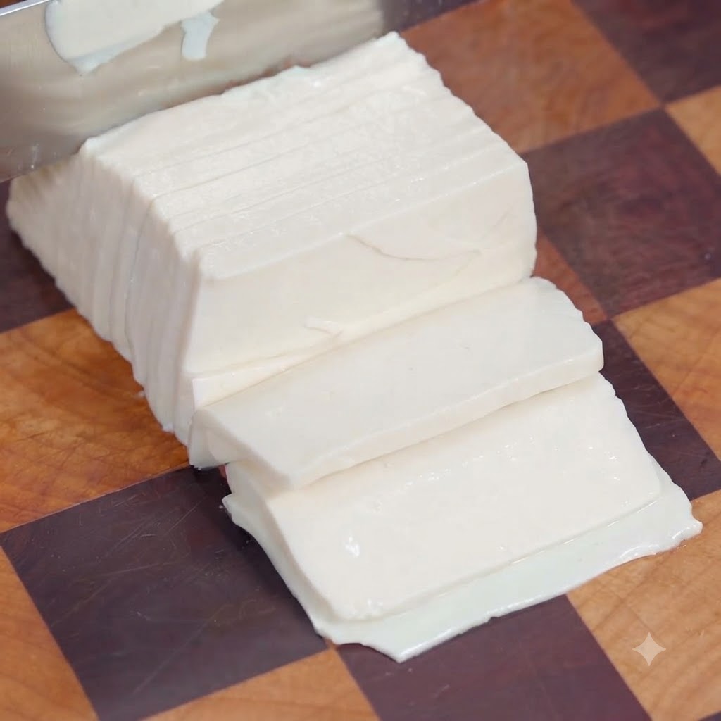 Tofu siendo cortado en rodajas finas y luego en tiras en juliana sobre una tabla de cortar de madera.