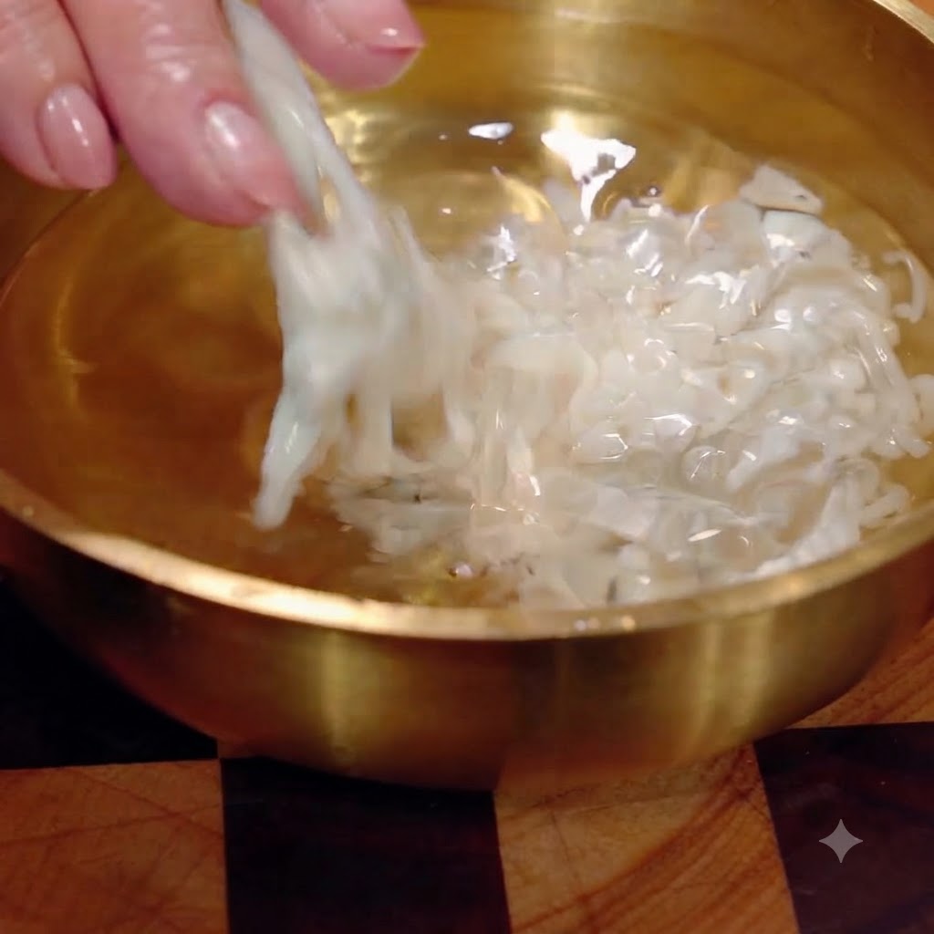 Tiras de tofu en juliana colocadas en un tazón con agua limpia y esparcidas.