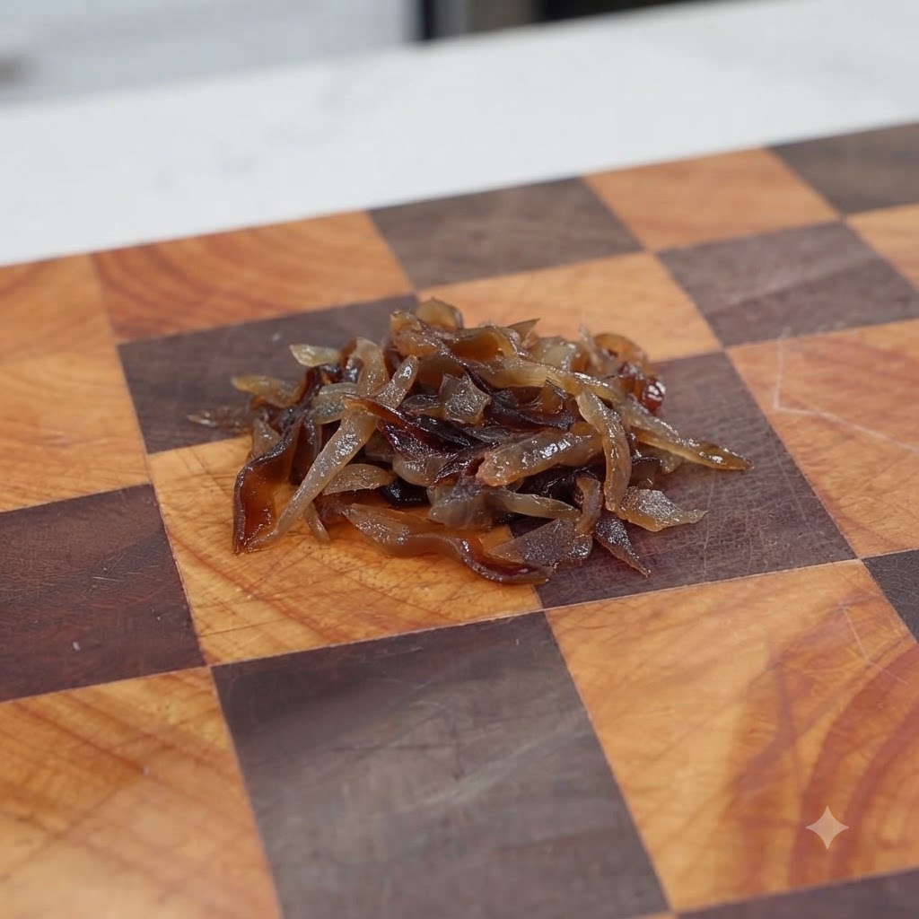 Hongo negro en tiras finas apilado sobre una tabla de madera.