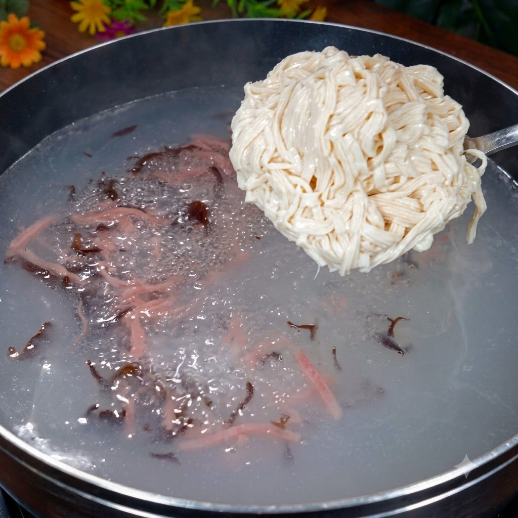 Tofu en tiras añadido a la olla hirviendo y revuelto suavemente con un cucharón.