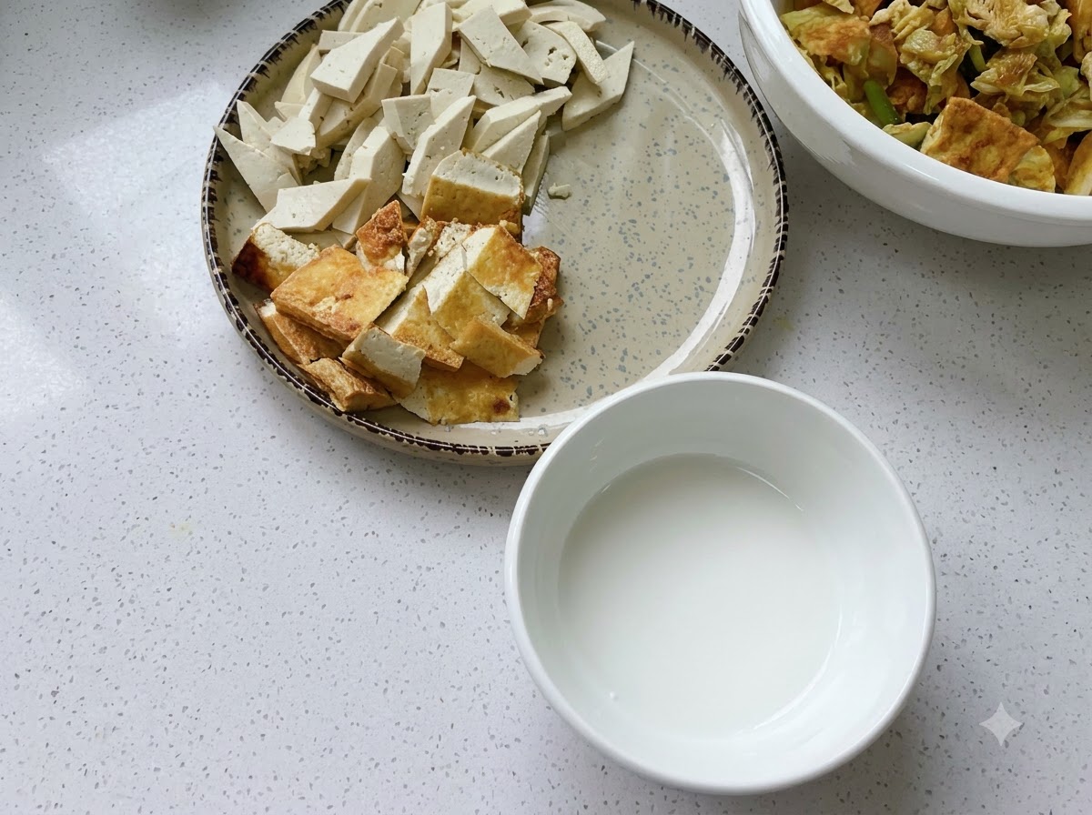 Platos que contienen tofu regular en rodajas, tofu frito, huevo centenario, hierbas y un tazón de almidón de agua en una encimera.