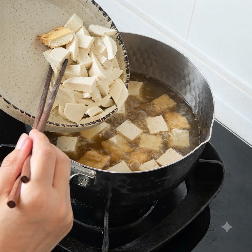 Palillos guiando el tofu en rodajas y las setas oreja de judía desde un plato hacia una olla de sopa hirviendo.