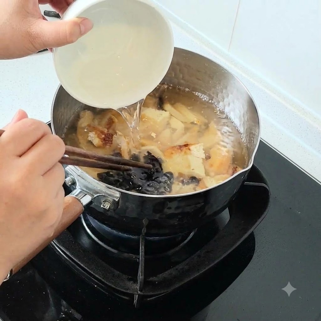 Salsa de soja siendo vertida desde un tazón pequeño en una olla de sopa a fuego lento con tofu y setas.