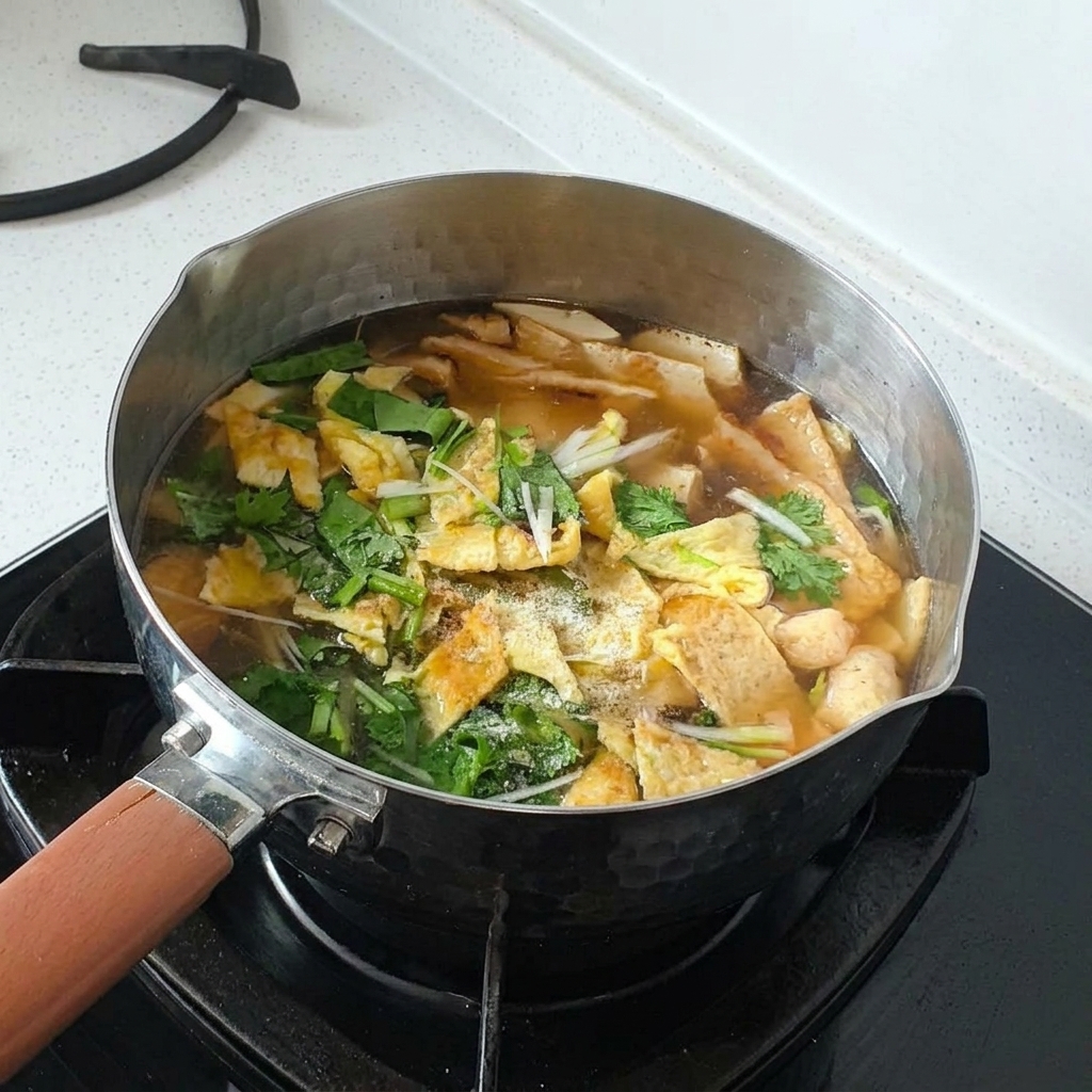 Una vista de cerca de la olla de sopa que muestra hierbas recién agregadas, pimienta blanca y condimentos mezclados uniformemente en la superficie del caldo.