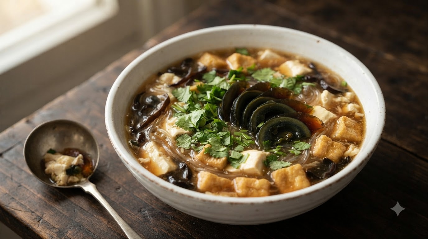 Un tazón de sopa casera de tofu adornado con cilantro picado y huevo centenario en rodajas