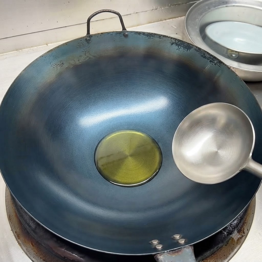 Aceite de cocina frío acumulándose en el centro de un wok caliente con un cucharón de acero inoxidable al lado.