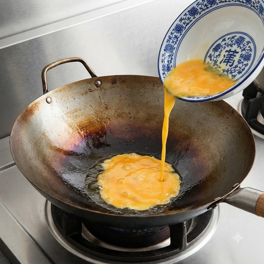 Líquido de huevo batido siendo vertido desde un tazón con patrón azul y blanco hacia un wok caliente sazonado.