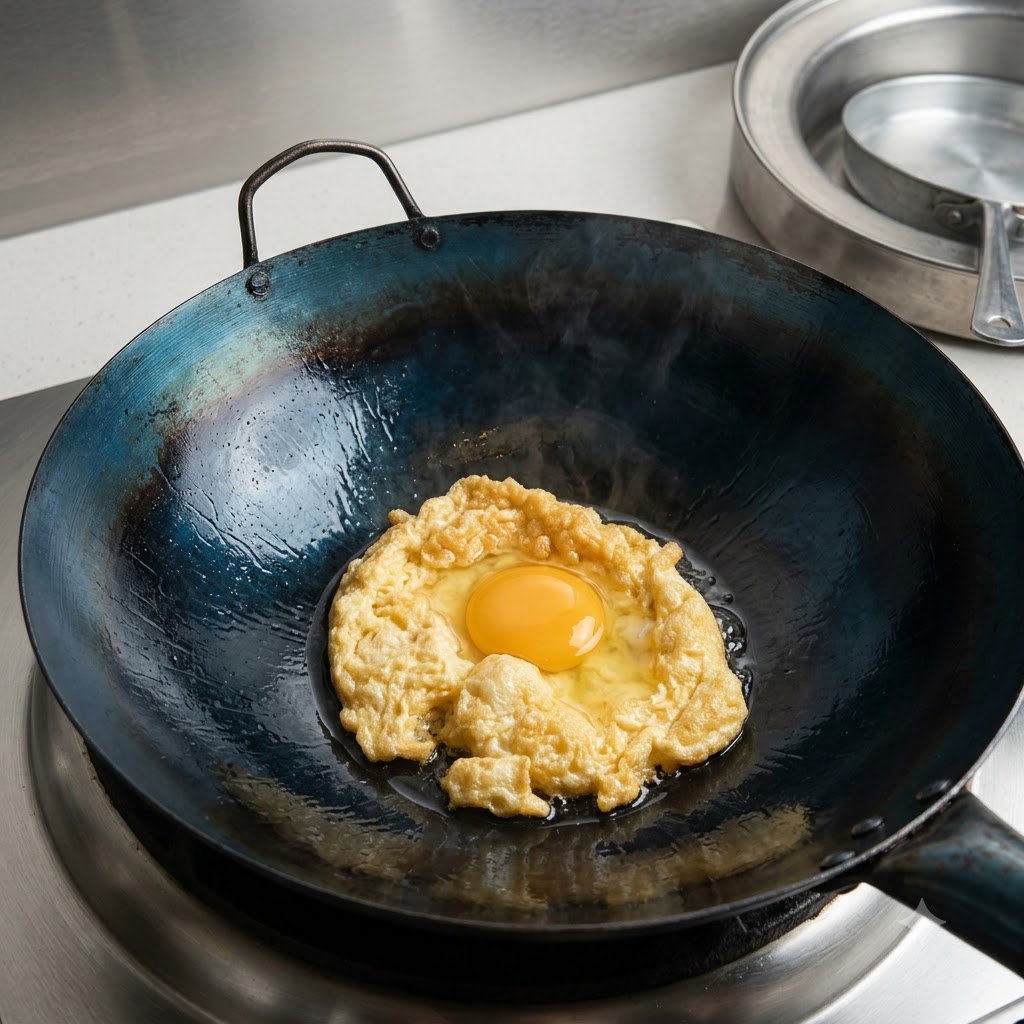Un huevo parcialmente frito siendo volteado en un wok de acero al carbono azul.