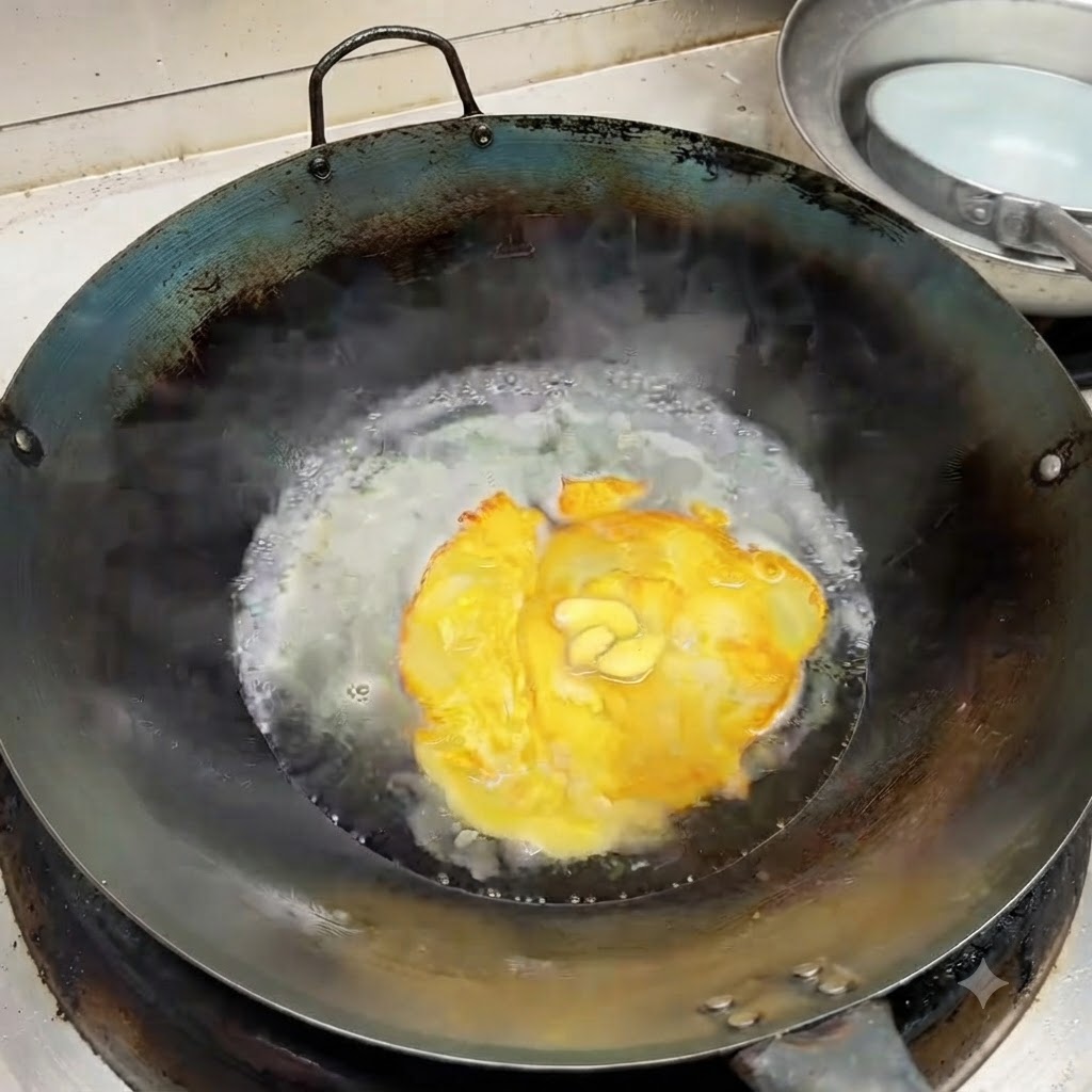 Trozos de jengibre machacado flotando en la sopa hirviendo en el wok con pimienta en polvo.