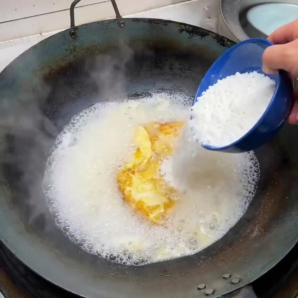 Cubos de tofu blando siendo vertidos desde un tazón azul hacia la sopa blanca lechosa hirviendo.