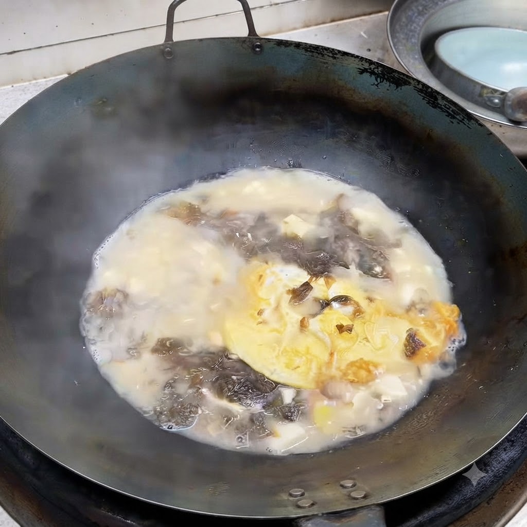 Cebollinos picados cayendo en un wok lleno de sopa burbujeante y lechosa de marisco y tofu.