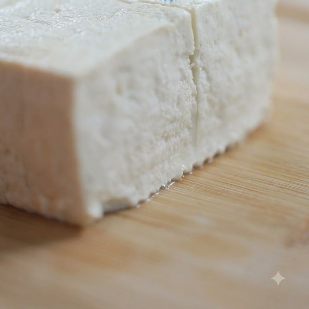 Bloque de tofu firme cortándose en pequeños cubos sobre una tabla de madera con un cuchillo afilado.