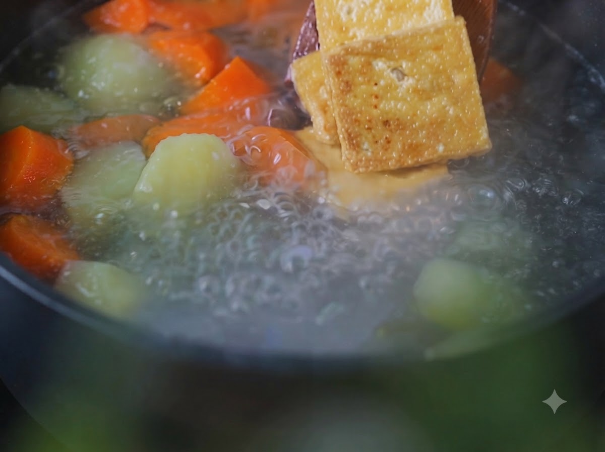 Trozos de tofu frito colocándose con una espátula de madera en una olla hirviendo con patatas y zanahorias.