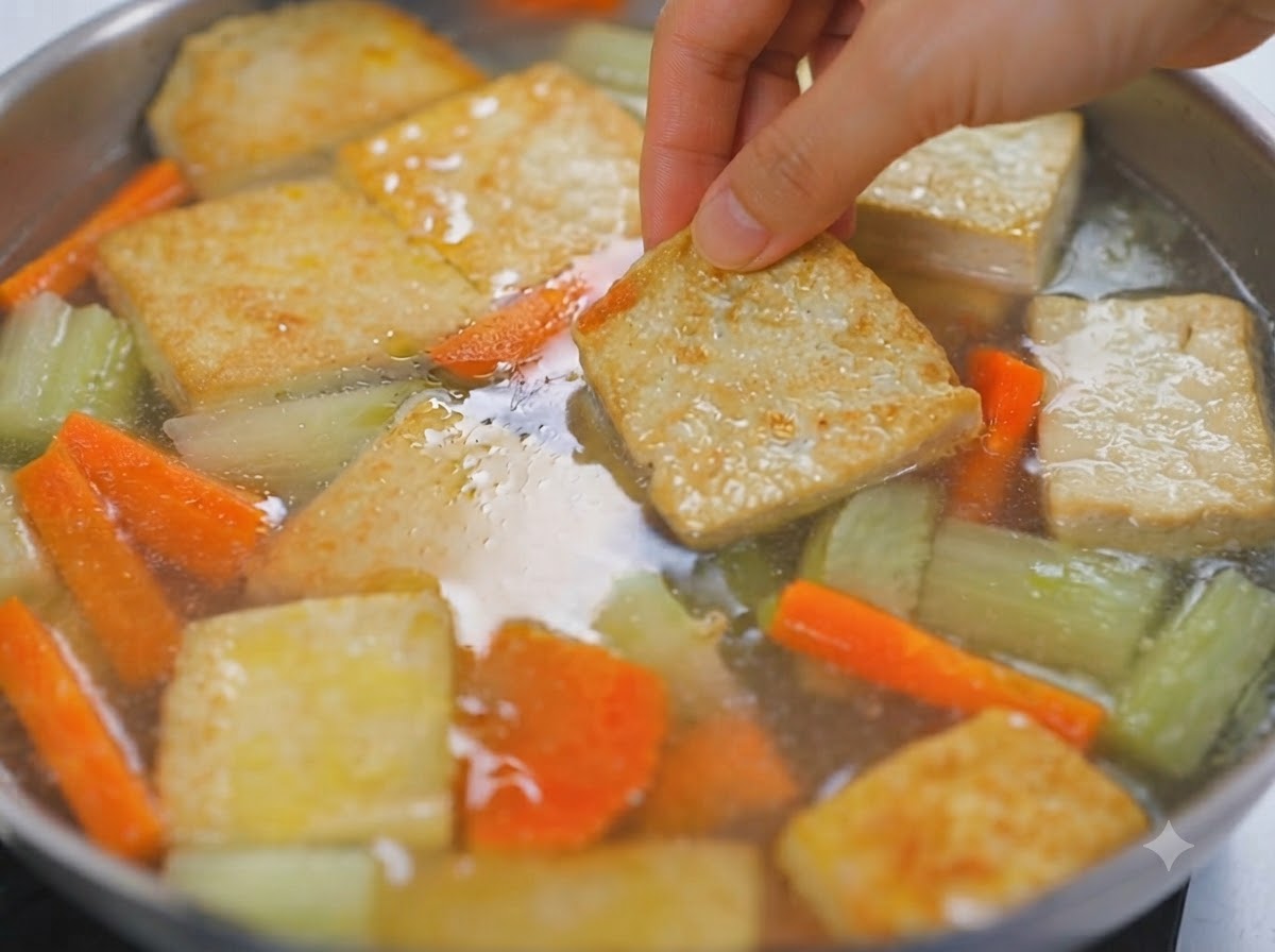 Una mano colocando un cubo de curry en una olla burbujeante de caldo con verduras y tofu.