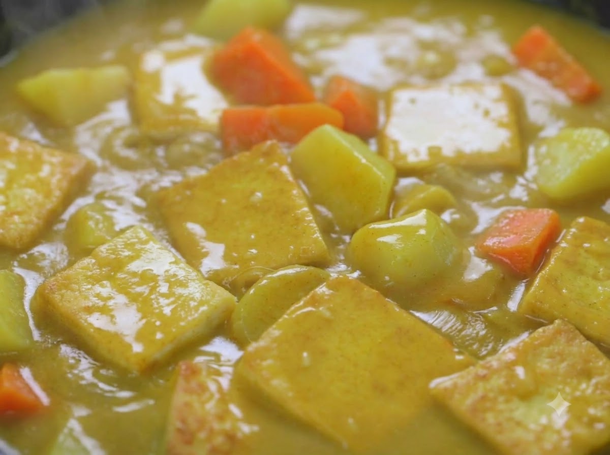 Una salsa de curry espesa y rica hirviendo a fuego lento con tofu, patatas y zanahorias en una sartén.