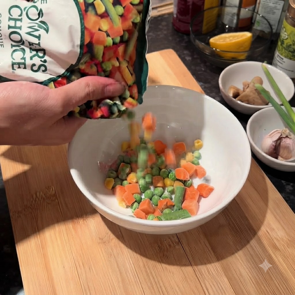 Verduras mixtas congeladas que incluyen maíz, guisantes y zanahorias siendo vertidas desde una bolsa en un bol blanco.