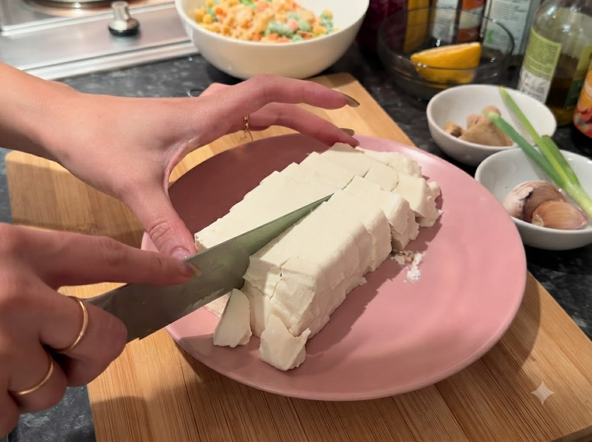 Tofu blando siendo cortado en cubos pequeños con un cuchillo sobre un plato rosado.