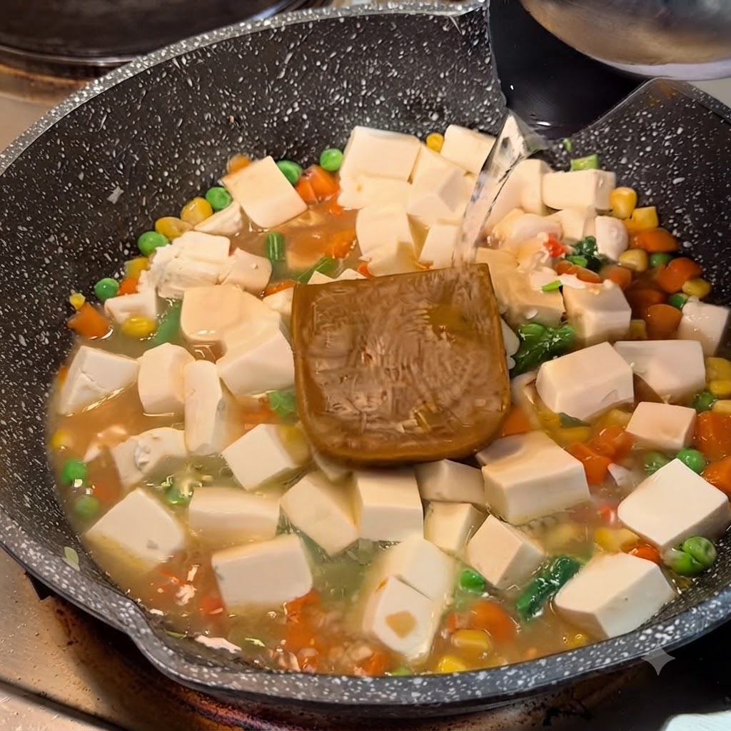 Agua caliente siendo vertida desde una tetera en una sartén con tofu, verduras y un bloque de roux de curry.