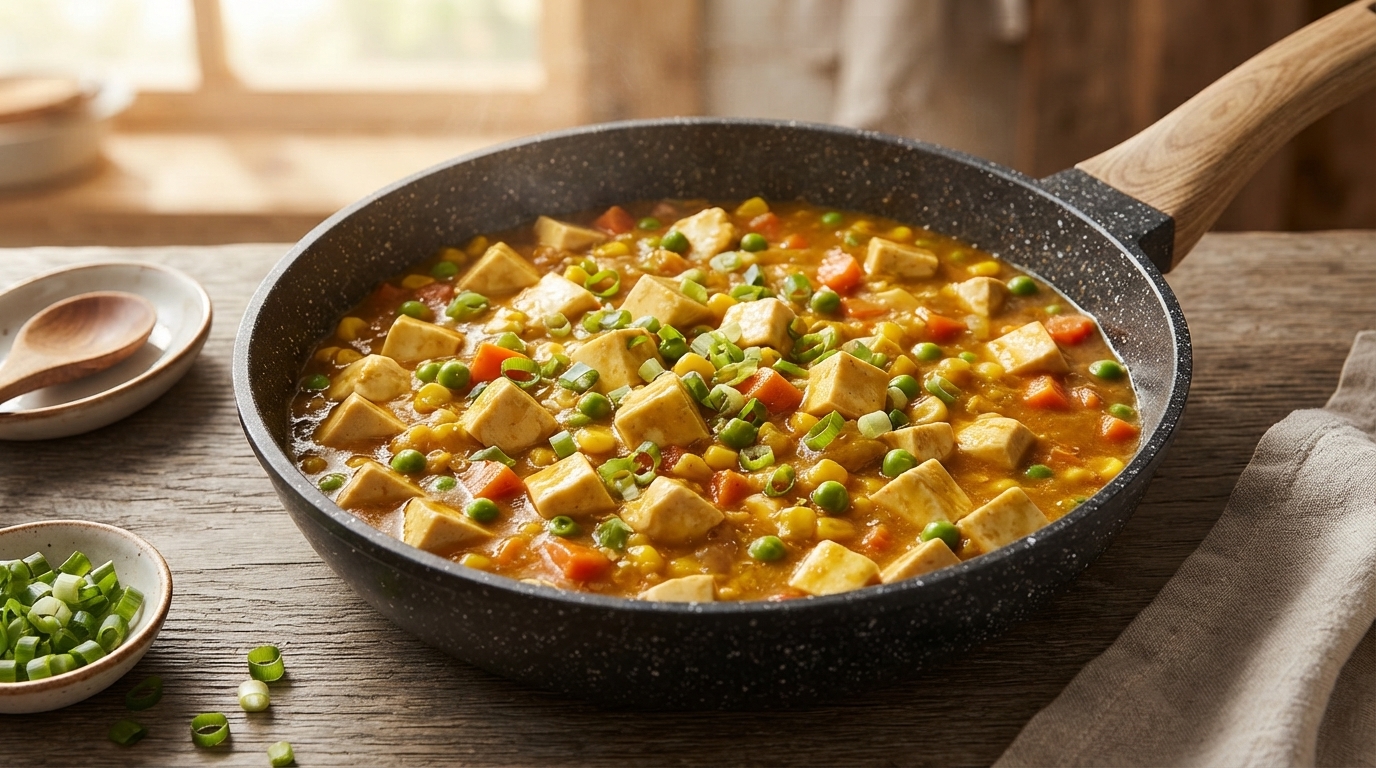 Una reconfortante sartén de tofu al curry estilo japonés con maíz dulce, guisantes y zanahorias en una rica salsa.
