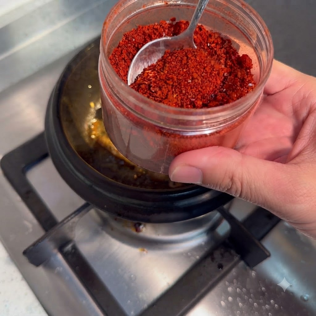 Un recipiente con polvo de chile rojo brillante y una cuchara, justo por encima de una olla de cocción.