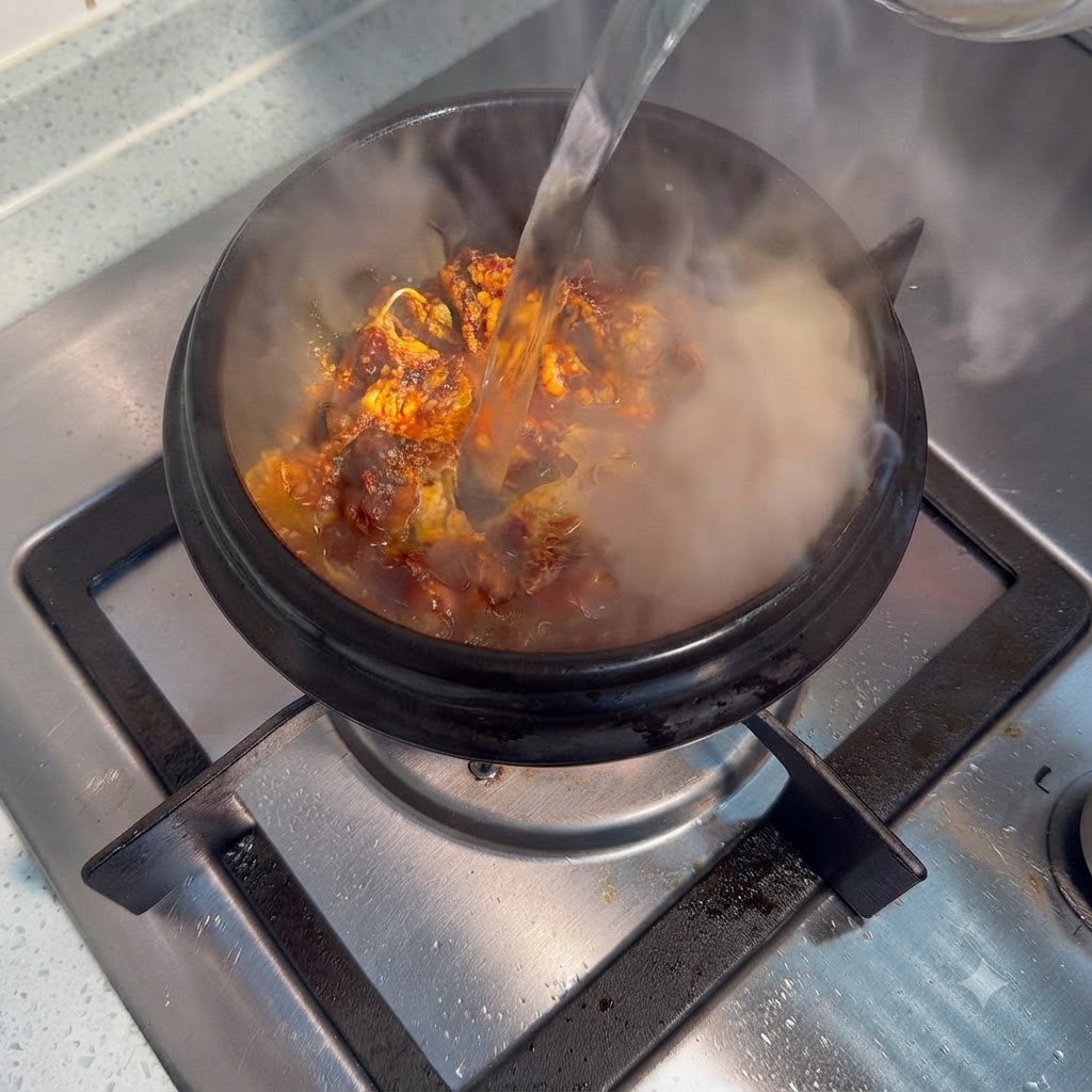 Agua vertiéndose en una olla de cerámica caliente que contiene carne sazonada y especias, produciendo vapor.