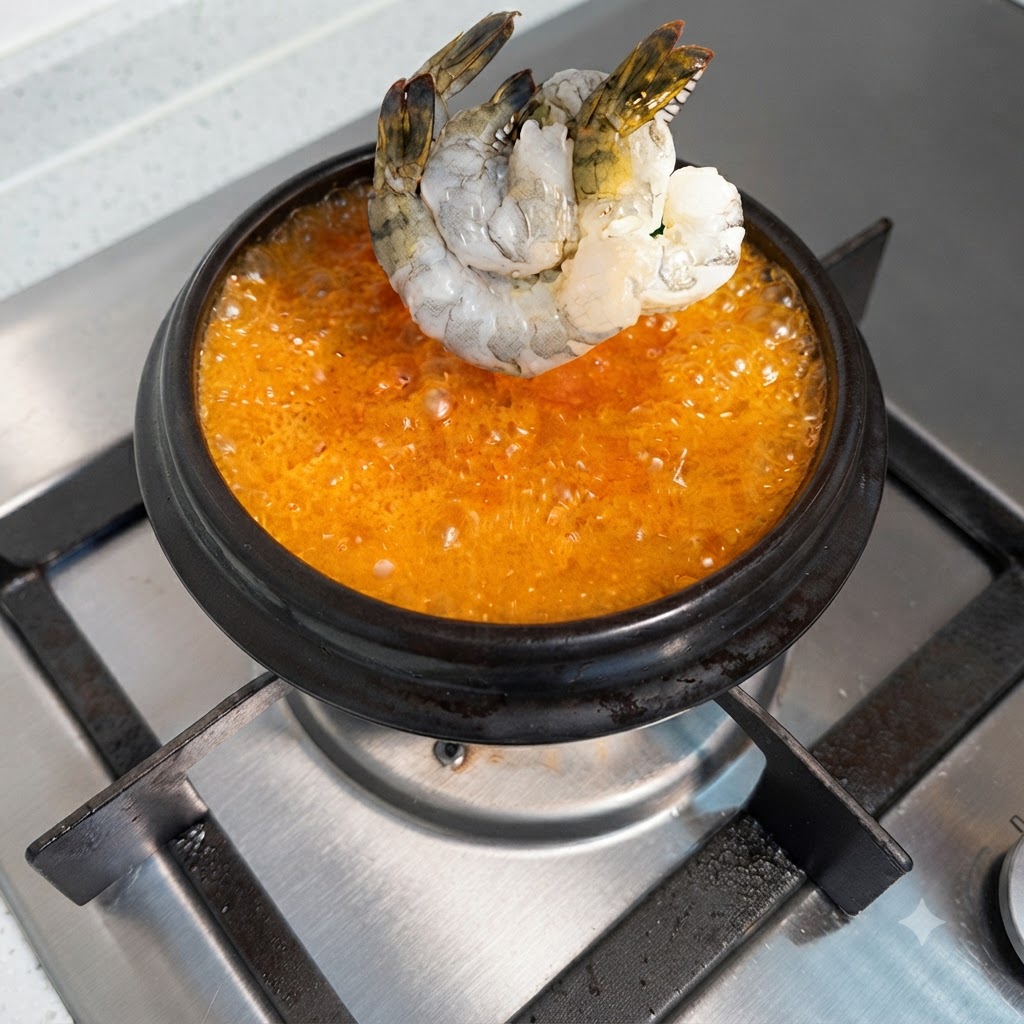 Camarones frescos introduciéndose en un caldo de color rojo anaranjado brillante que hierve en una olla oscura.