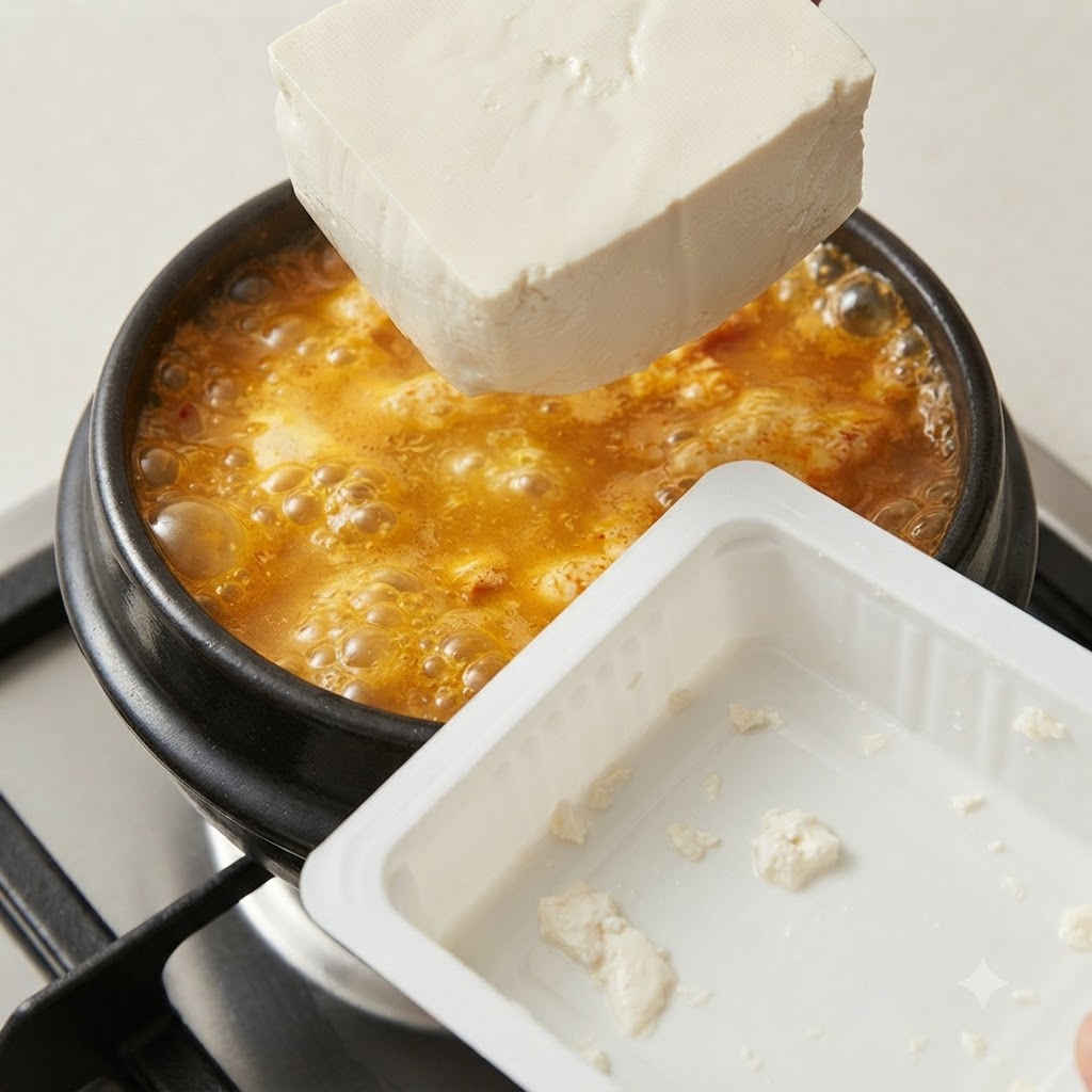 Un bloque de tofu suave siendo agregado al estofado hirviendo, al lado de su envase.