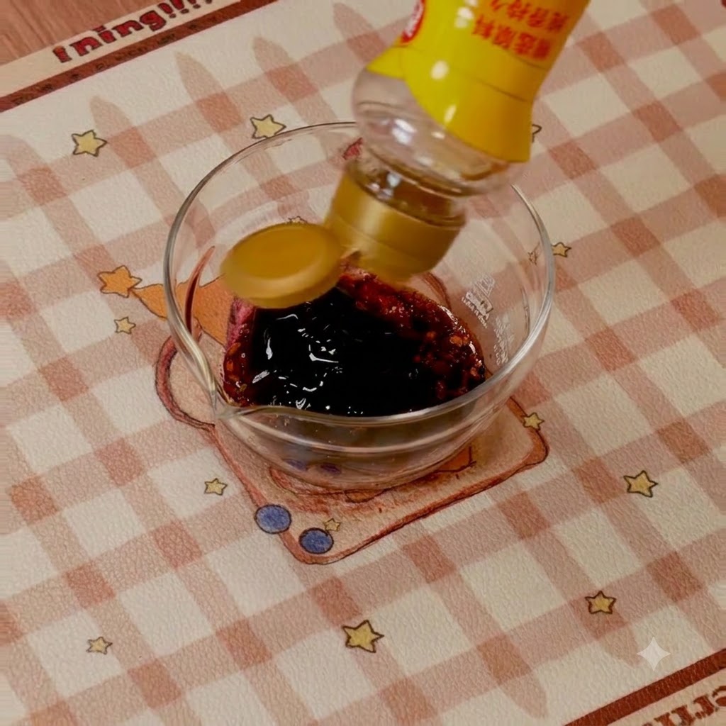 Vertiendo salsa oscura en un tazón de vidrio pequeño que contiene pasta de chile coreano.