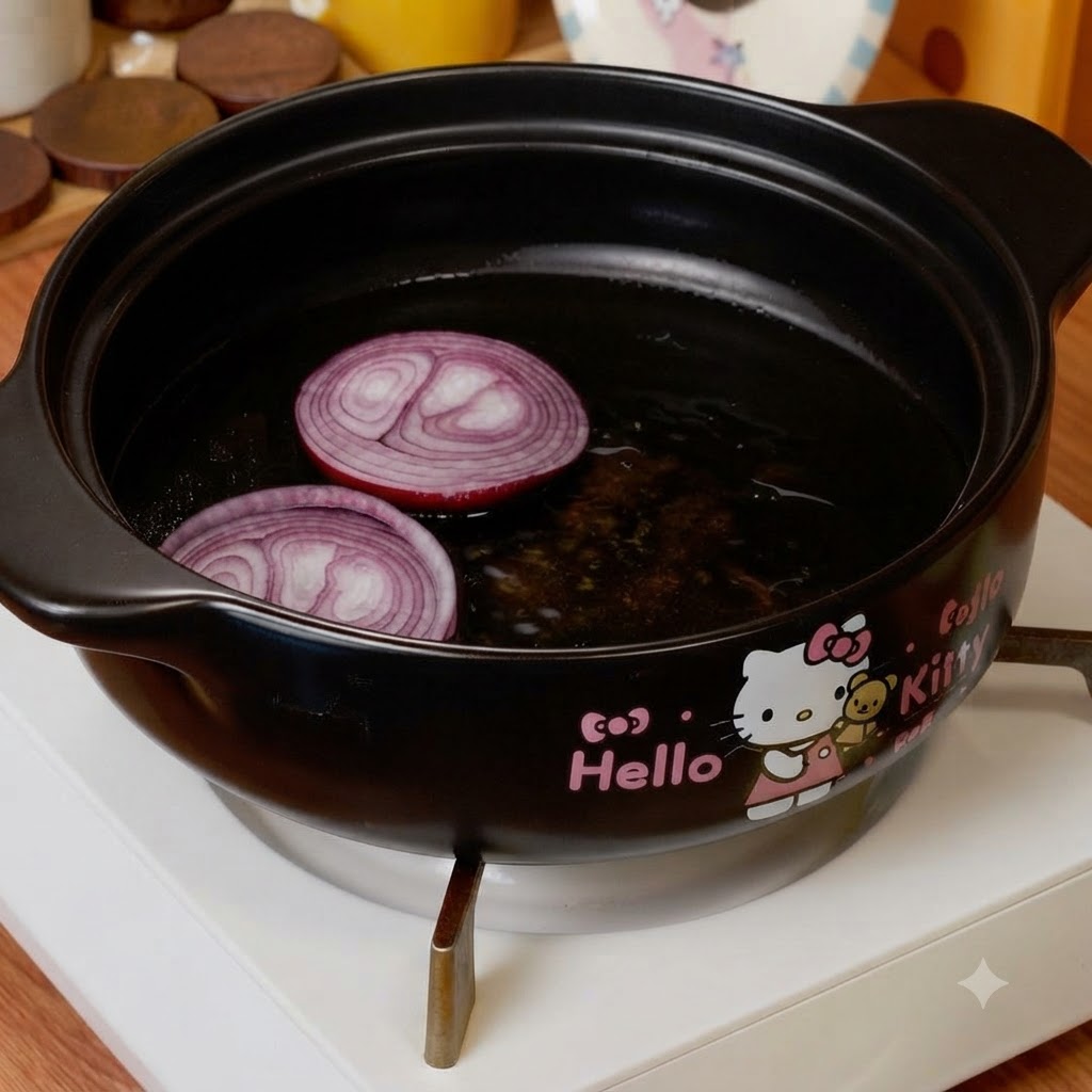 Cebollas rojas en rodajas reposando en una fina capa de aceite dentro de una olla de cocina negra.