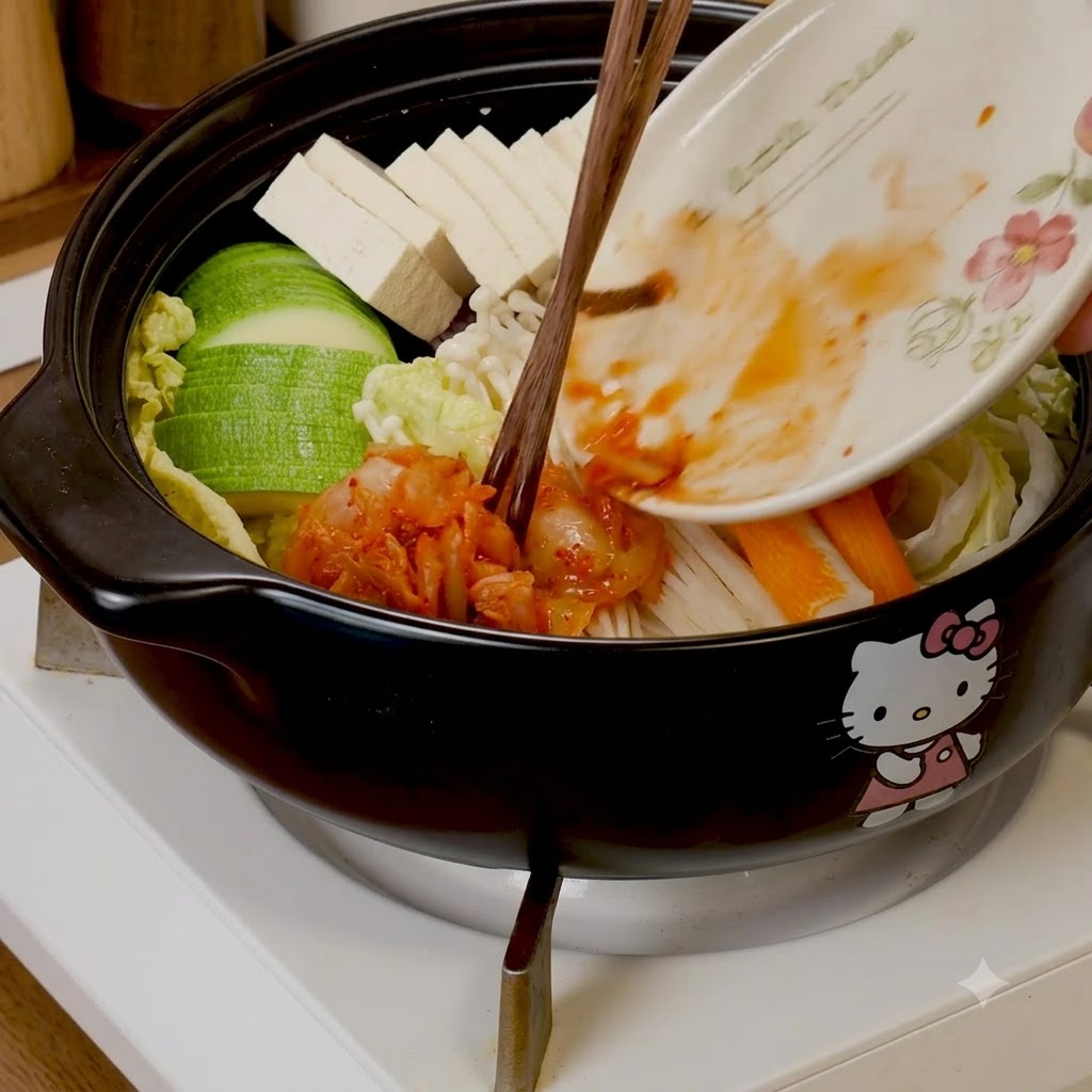 Usando palillos para deslizar kimchi picado desde un plato a una olla llena de calabacín, tofu, hongos enoki y palitos de cangrejo.