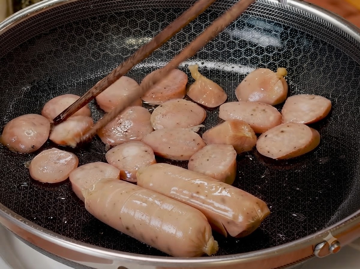 Salchichas marcadas y en rodajas dorándose en una sartén tipo panal, siendo volteadas con palillos.