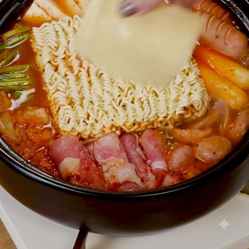 Un bloque de fideos ramen instantáneos y una rebanada de queso colocados en el caldo rojo.