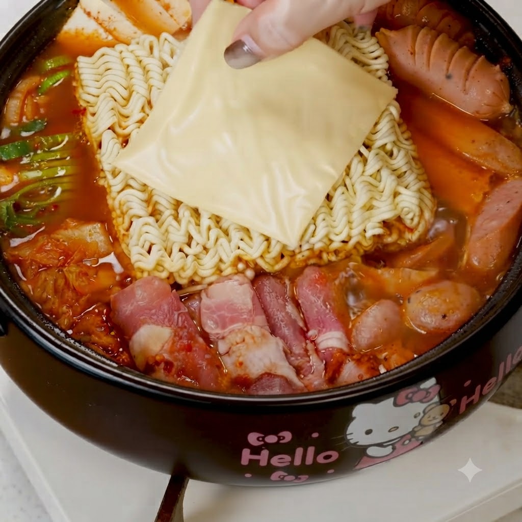 Un huevo crudo siendo cascado encima de los fideos instantáneos y el queso en la olla.