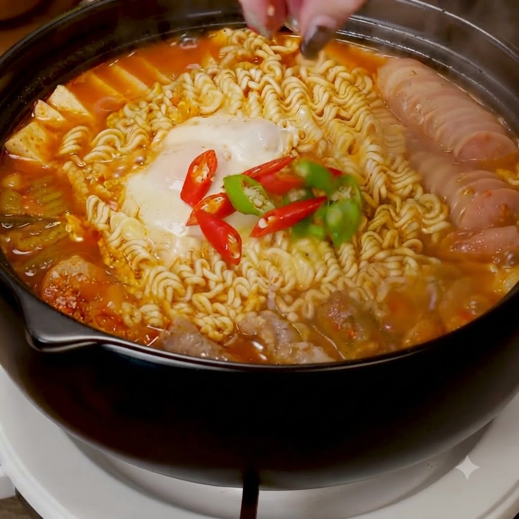 Rodajas de chiles rojos y verdes siendo espolvoreadas sobre el huevo y los fideos en cocción.