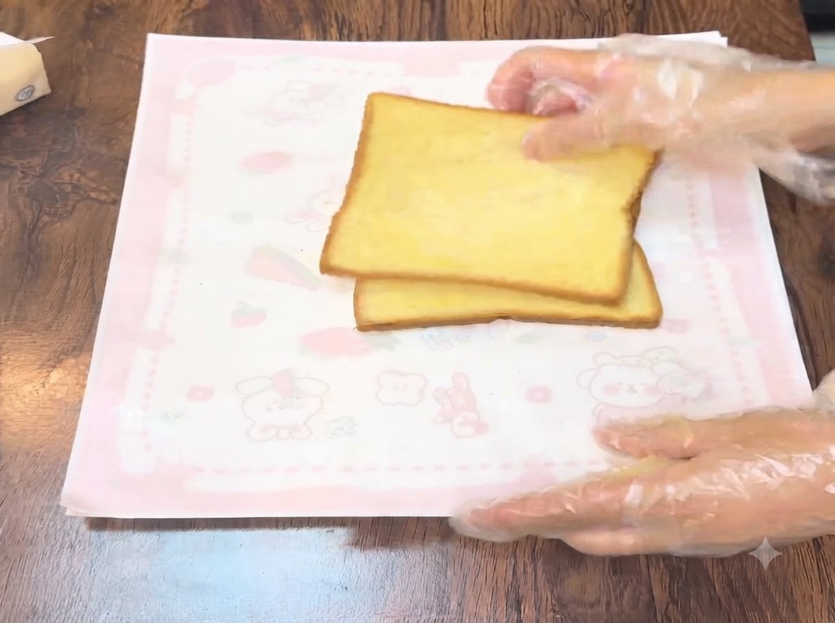 Tres rebanadas de pan tostado de calabaza colocadas una al lado de la otra sobre una esterilla con patrones rosas y aderezo de ensalada exprimido encima.