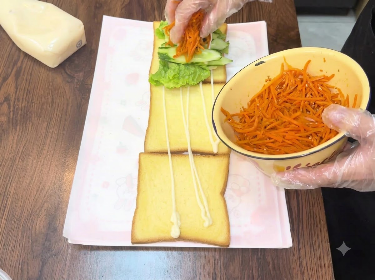 Añadiendo zanahorias ralladas de color naranja brillante desde un tazón amarillo sobre la capa de pepino de un sándwich.