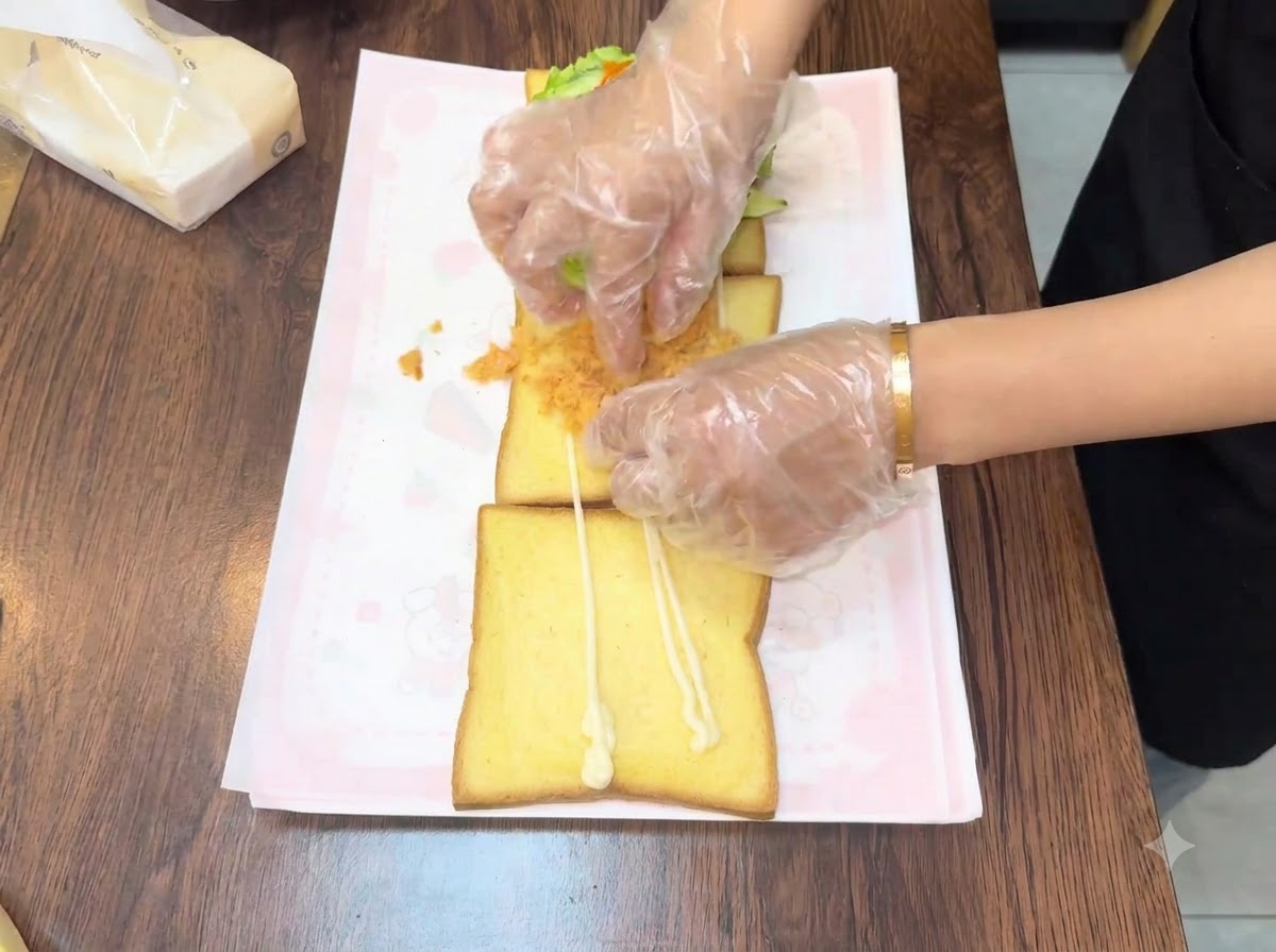 Manos esparciendo floss de carne esponjoso y dorado en la segunda rebanada de pan.